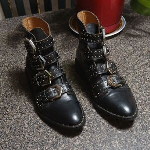 Black Studded Leather Biker Boots Sz 5